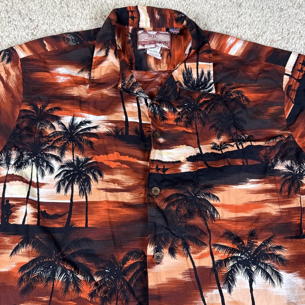RJC Mens‎ Hawaiian Short Sleeve Button Up Shirt Size 2XL Sunset View w Palmtrees